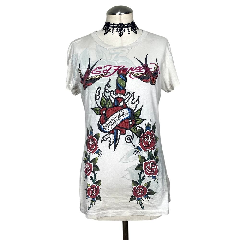 Vtg Y2K Ed Hardy Christian Audigier Rhinestone American Grunge Alt Punk Baby Tee